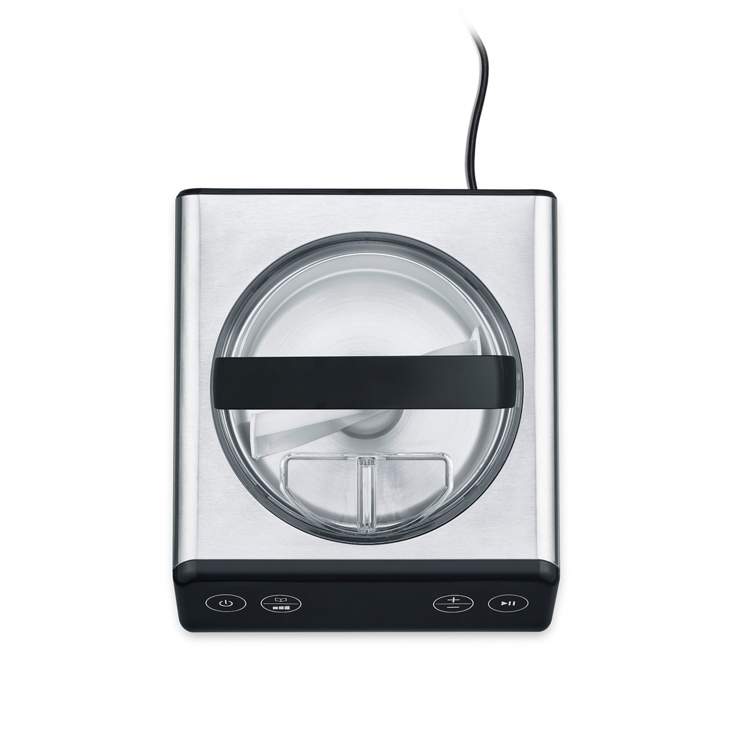 Eiscreme-Maschine, Edelstahl, schwarze Bedienelemente, Stromkabel, Nahaufnahme, isoliert