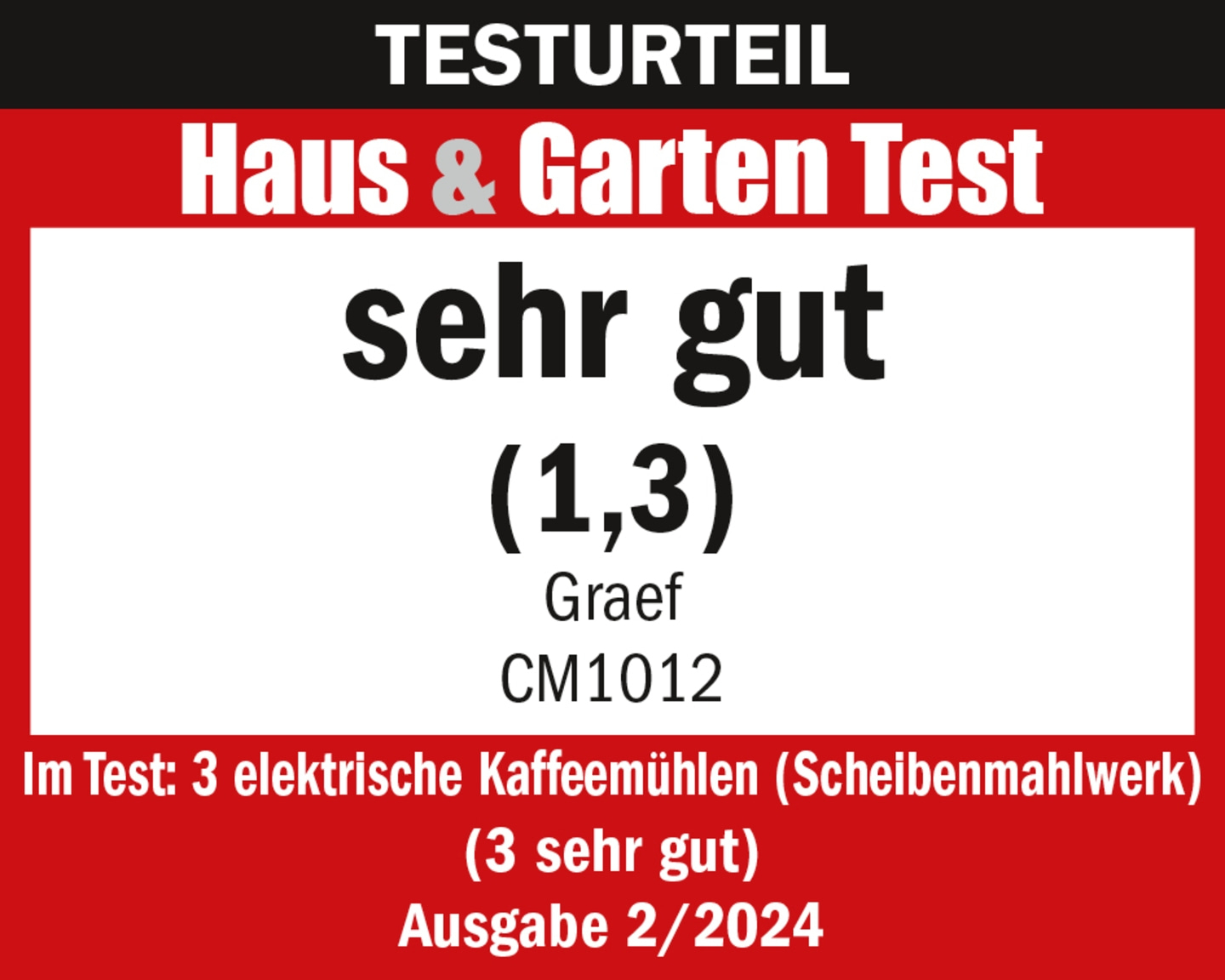 Haus & Garten Test, sehr gut, Note 1,3, Graef CM1012, Ausgabe 2/2024, Kaffeemühlen Test