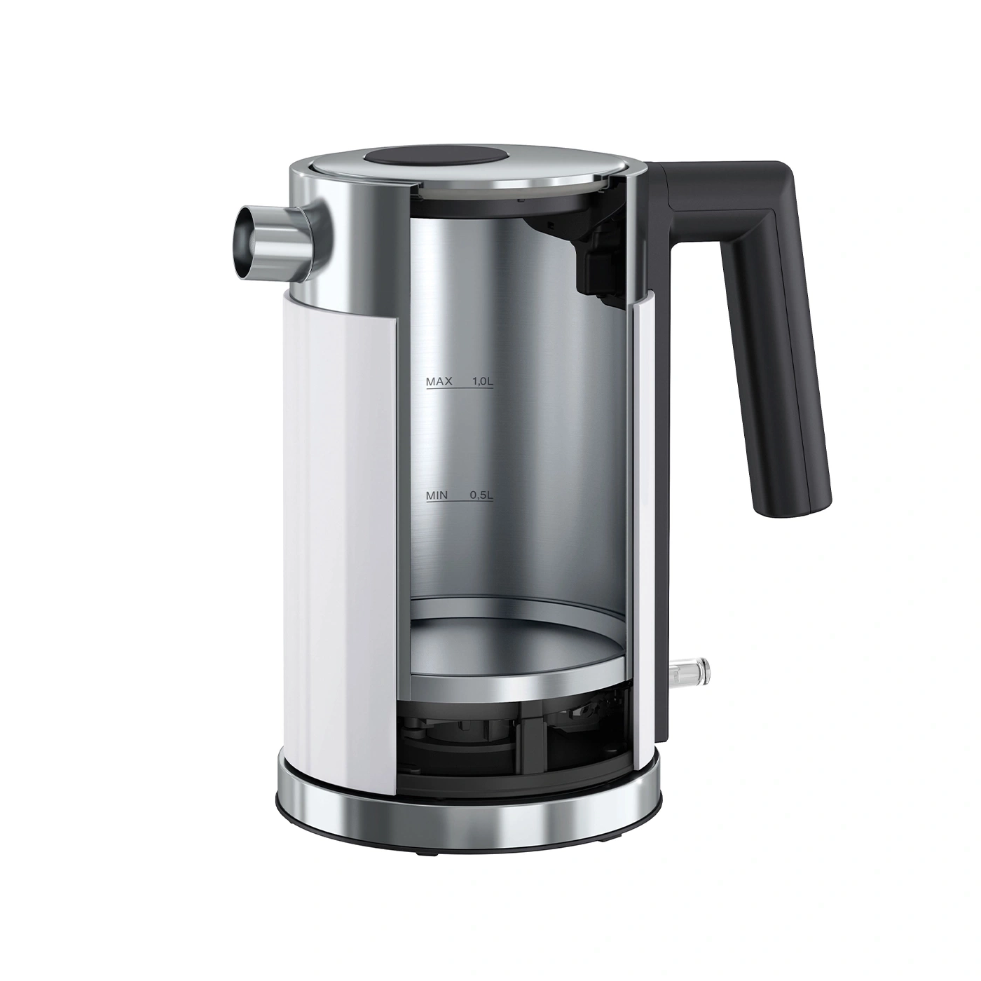 Kettle, stainless steel, white, cutaway, interior, handle, lid, max 1.0L, min 0.5L