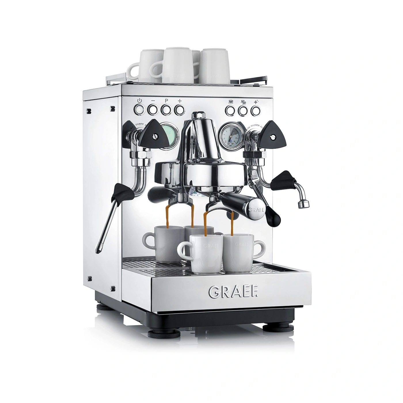 Shiny modern espresso machine brewing coffee into cups, with a sleek design.