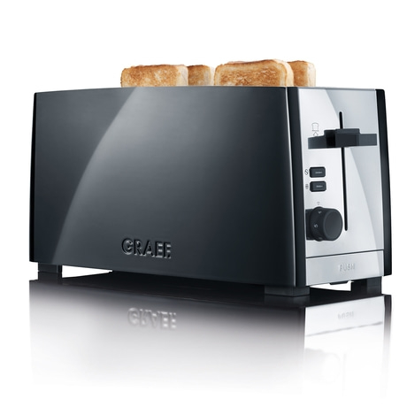Schwarzer Toaster mit Toastbrot, Marke Graef, Edelstahl-Details, modernes Design.