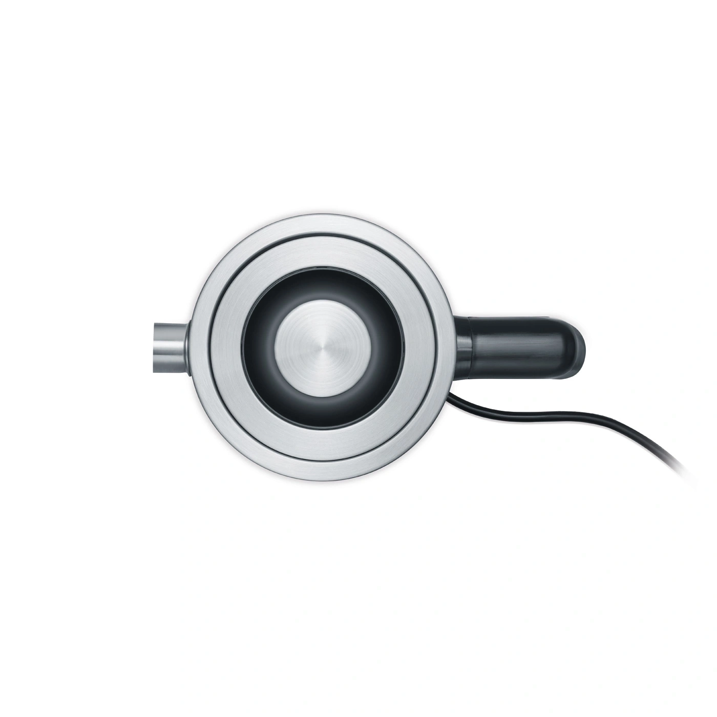 Close-up of a silver device with a black handle and cable on a white background