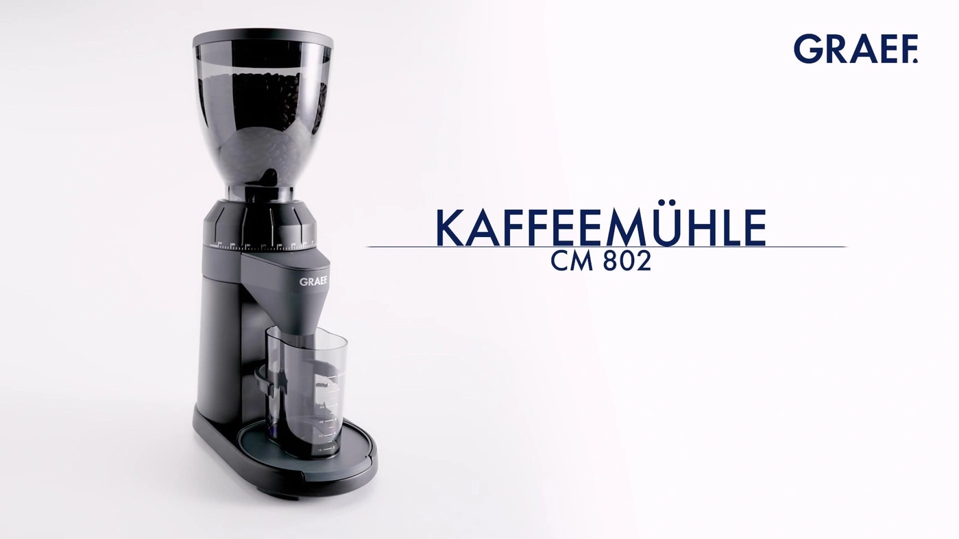 GRAEF CM 802 coffee grinder, black appliance, bean container, grinder, cup, white background