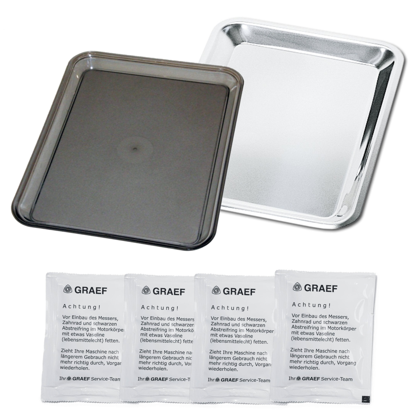 Tablett und vier GRAEF-Beutel mit Text. Achtung! Vaseline für Maschine.