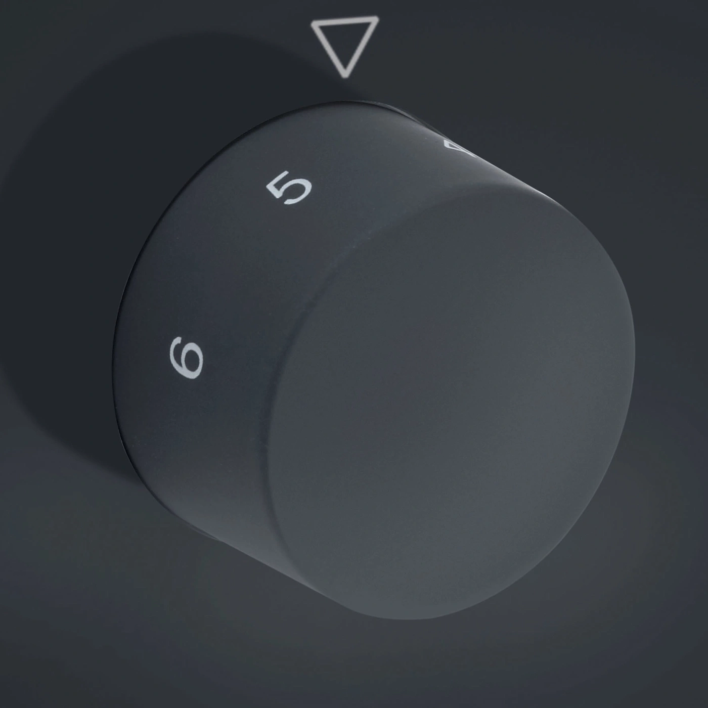Rotary knob with numbers 5 and 6, gray background, triangle marker, shadow