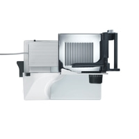 Elektrische Aufschnittmaschine, weiß, mit schwarzem Griff und Einstellrad für die Dicke.