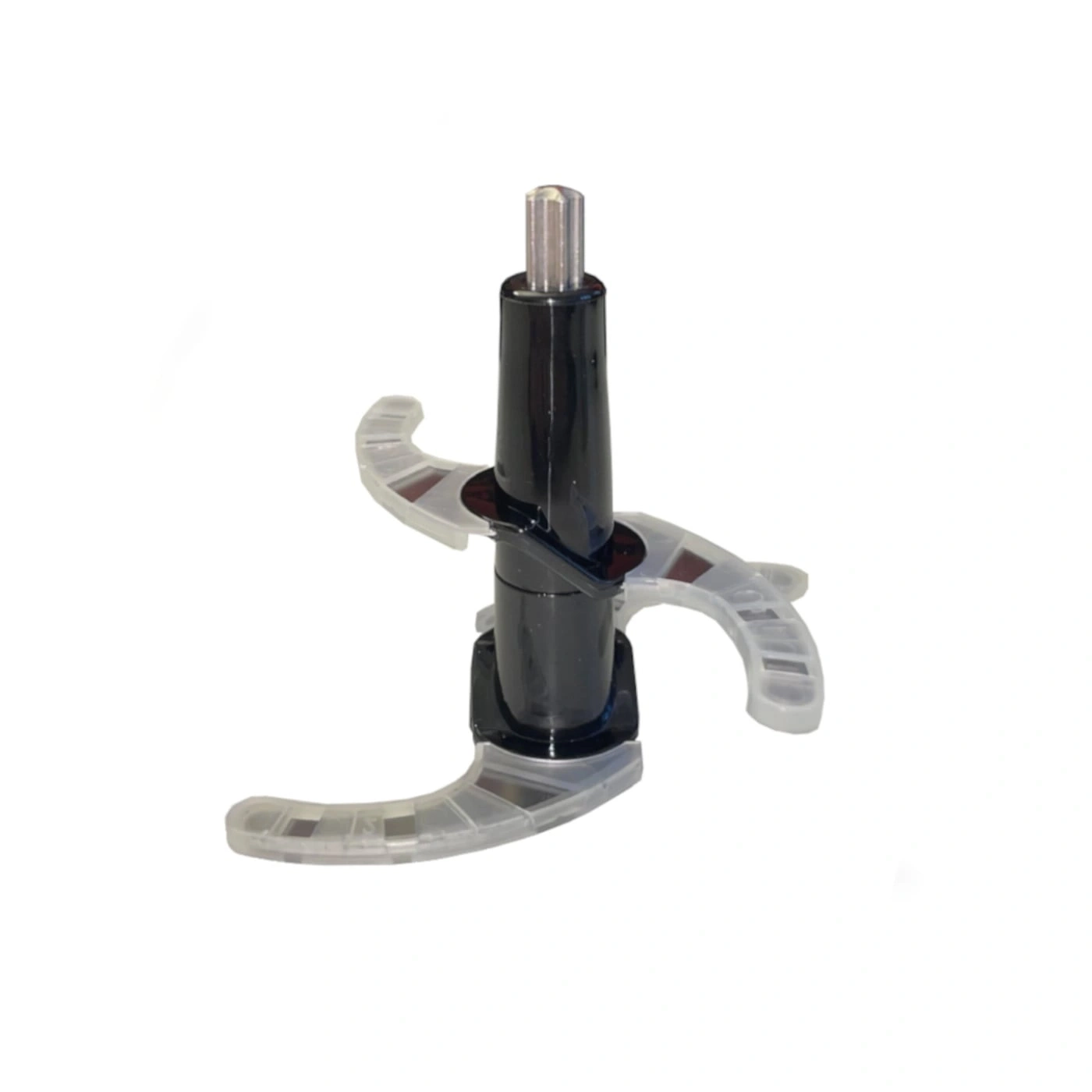 Black kitchen appliance with transparent blades on a white background.