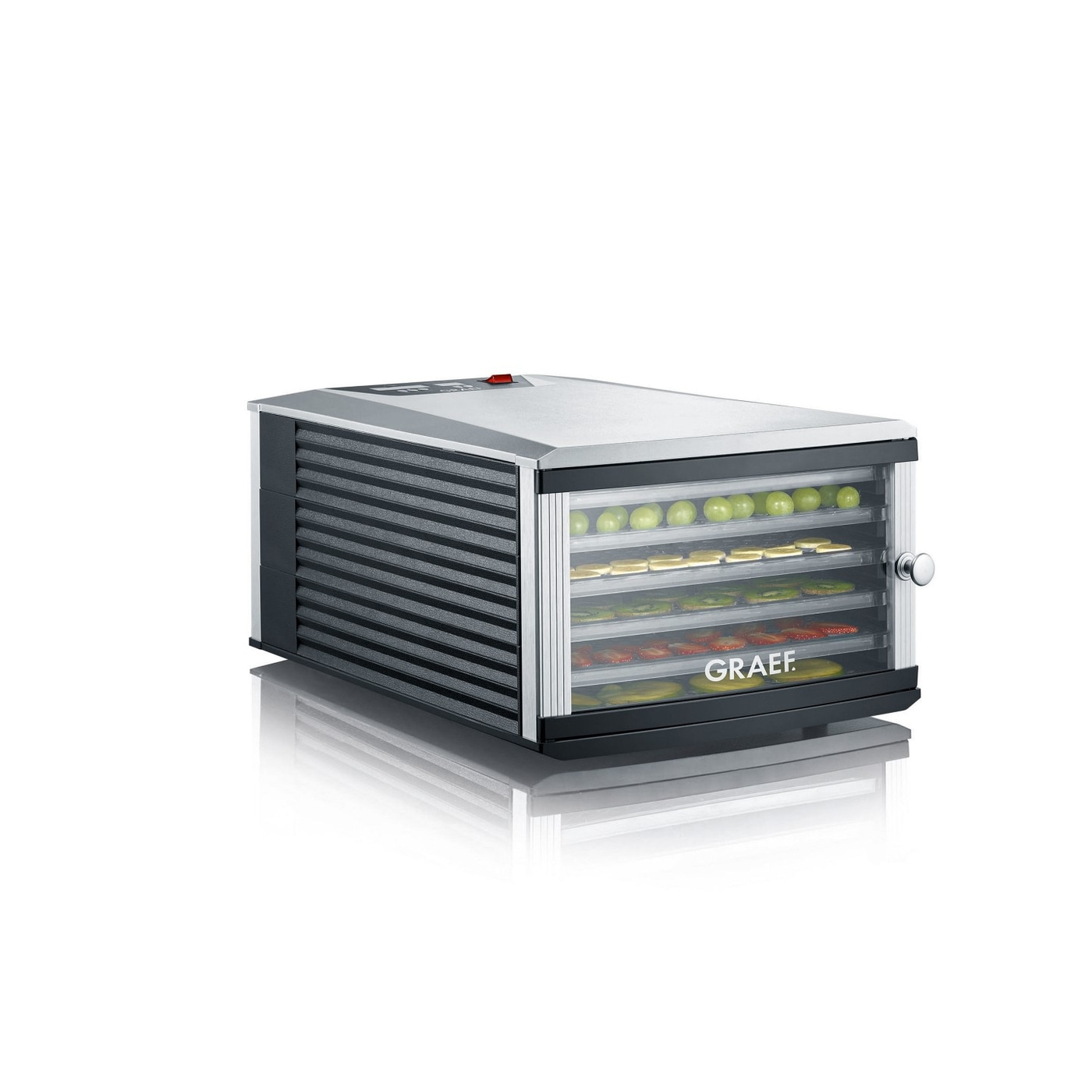Graef Dörrautomat mit Früchten, Gemüse, transparenten Türen und silbernem Gehäuse
