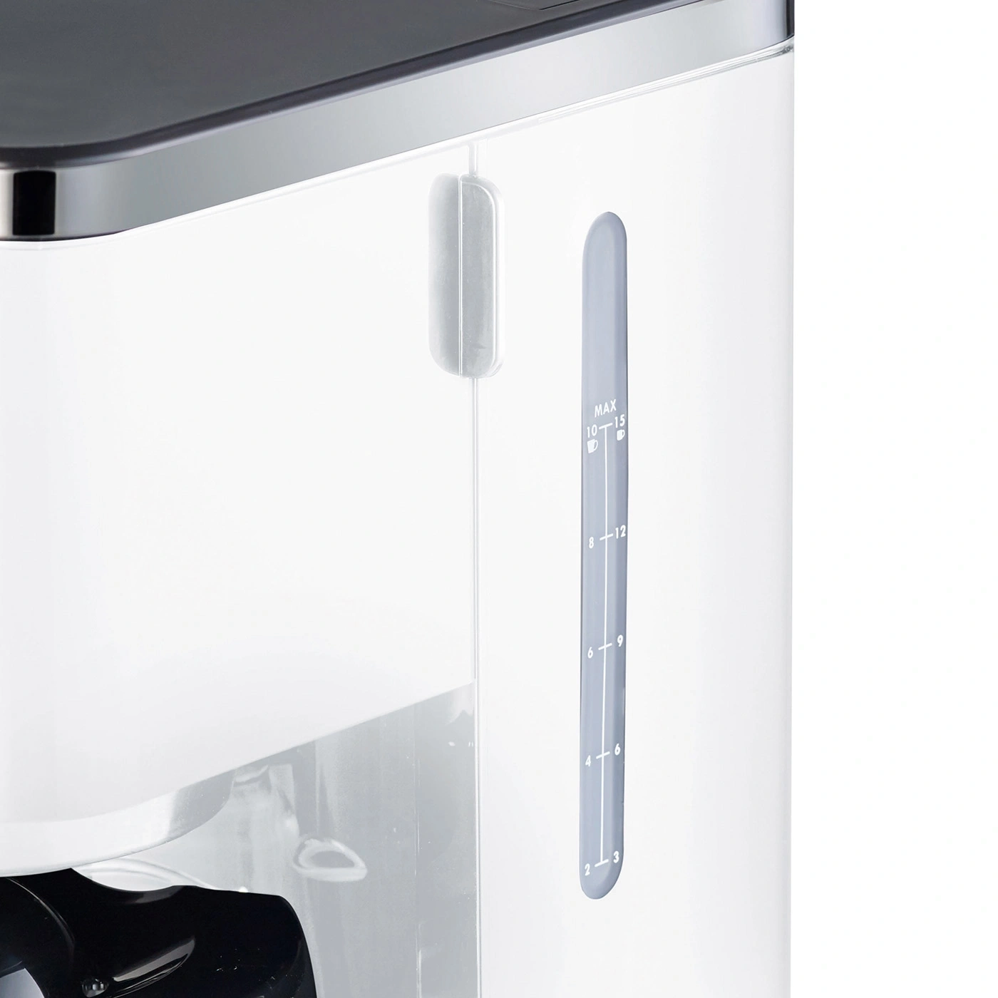 Coffee machine with water level indicator, white and grey, close-up