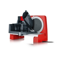 Roter Allesschneider mit grauem Zubehör und scharfer Klinge für Lebensmittel.