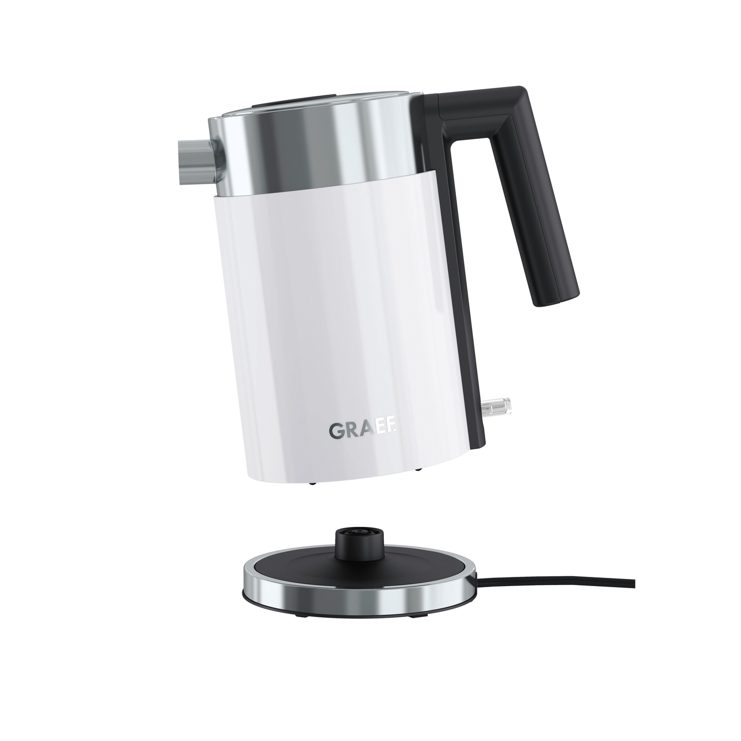 White electric kettle with black handle and base isolated on white background.