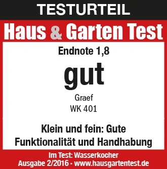 Test result from Haus & Garten Test: Grade 1.8 good for Graef WK 401. Kettle test.