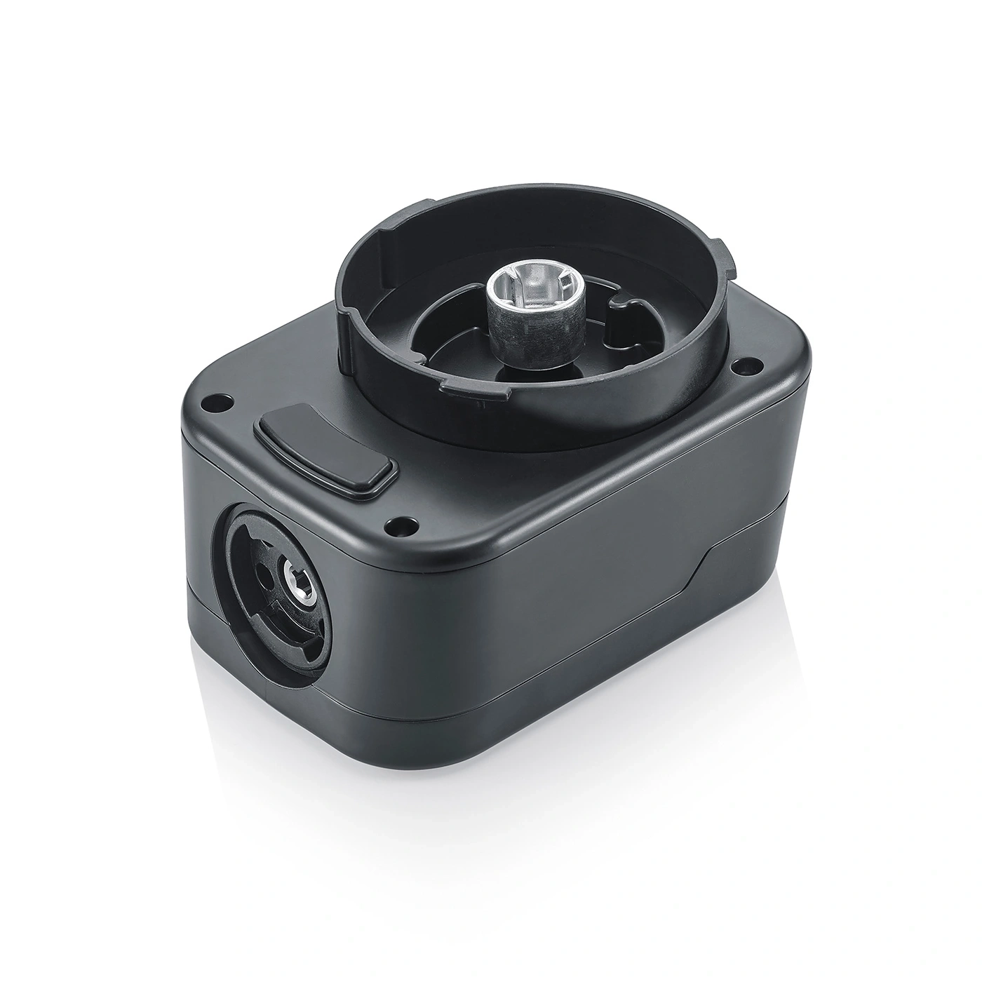 Black plastic part with cylindrical opening and screw detail