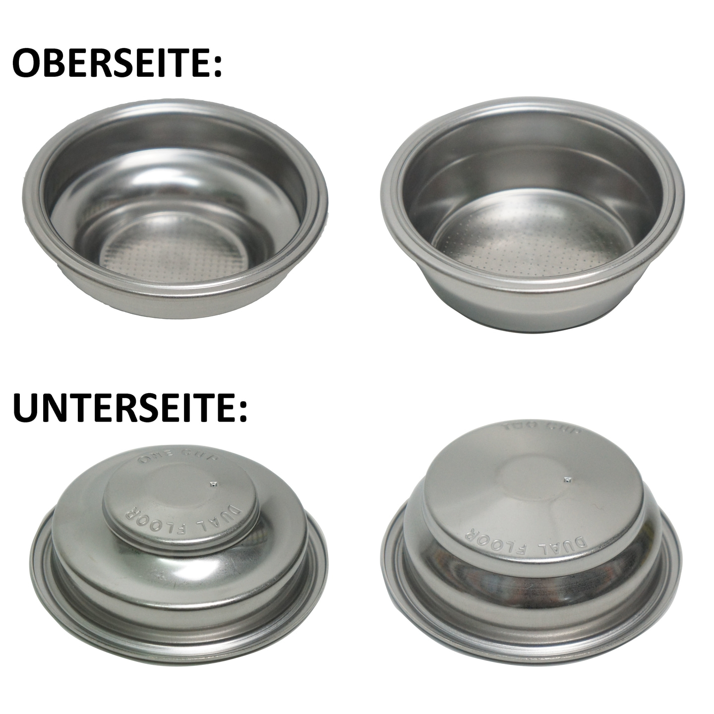 Espresso-Siebträger: Ober- und Unterseite, Edelstahl, für Kaffeezubereitung.