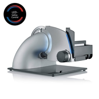 Elektrische Aufschnittmaschine mit LED-Sicherheitskontrolle und silberner Farbe.