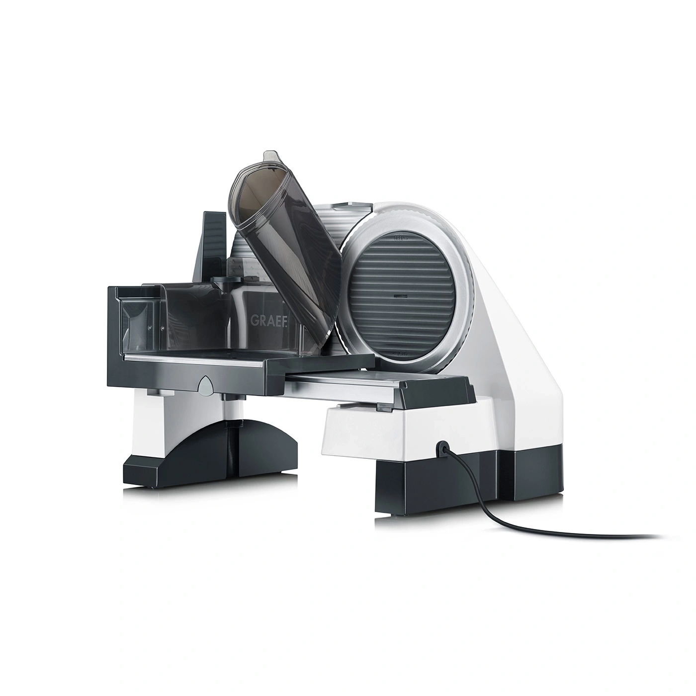 Graef electric food slicer, white and black, with cable, detailed shot