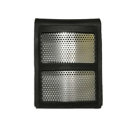 Black frame with metal mesh. Rectangular shape, holes. Detailed shot, isolated.