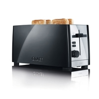 Schwarzer Toaster mit Toastbrotscheiben, die aus dem Toaster herausragen.