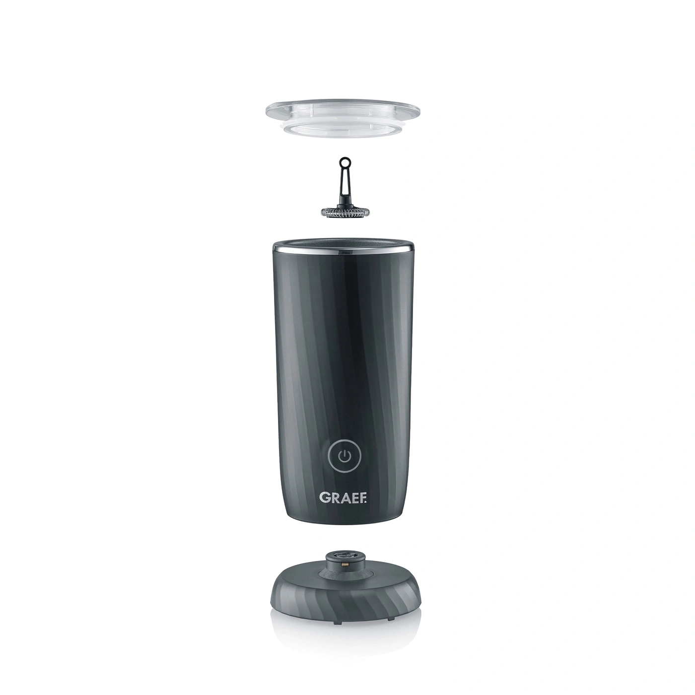 Exploded view of a milk frother with lid, whisk, and base, showing the parts.