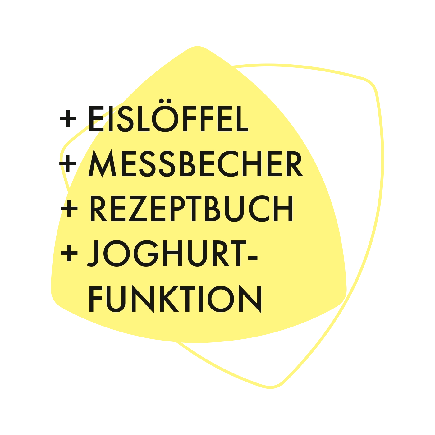 Gelbes Dreieck mit Text: Eislöffel, Messbecher, Rezeptbuch, Joghurt-Funktion