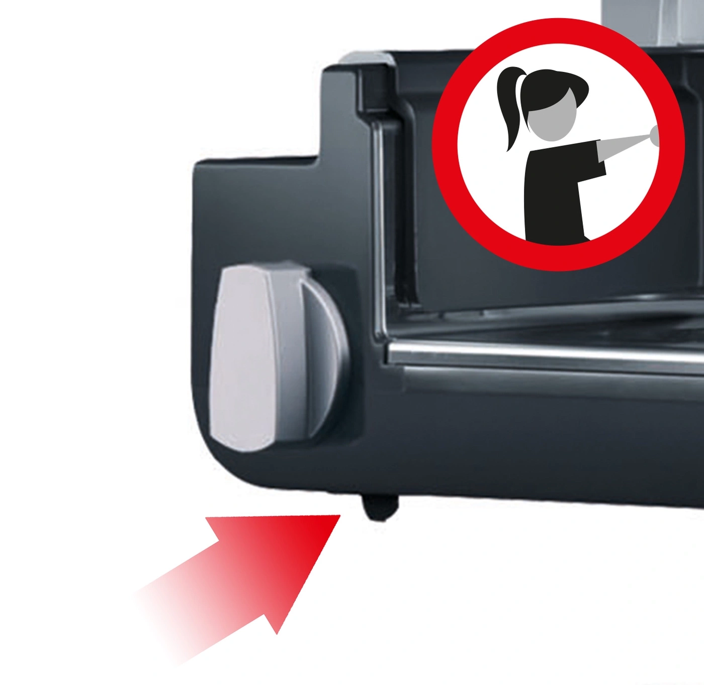 A red arrow points to a knob and a warning symbol with a woman.