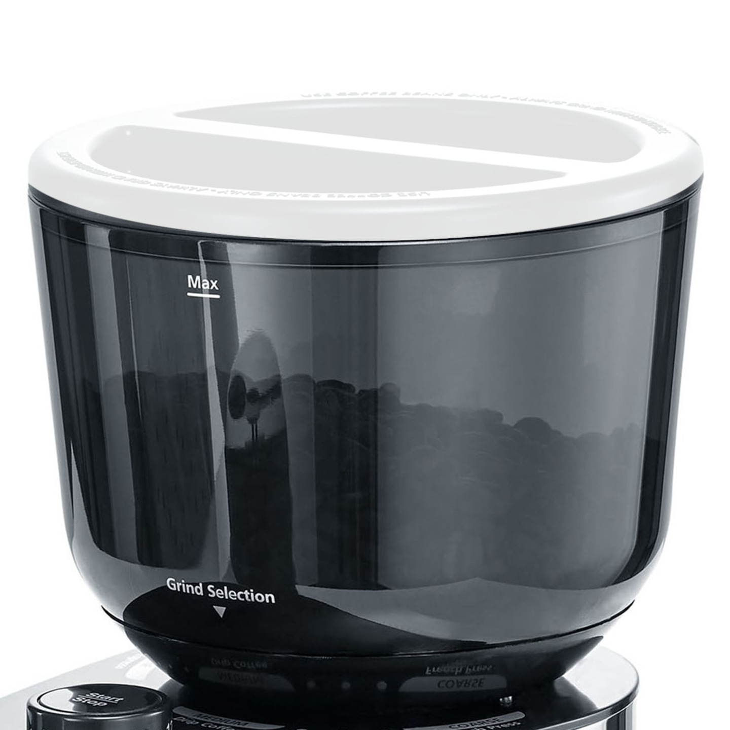 Kaffeemühle mit Bohnen, Max-Markierung, Mahlgrad-Auswahl, weißer Deckel, schwarzer Behälter.