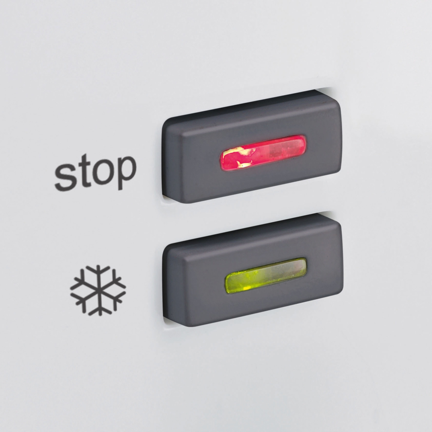 Kühlschrank-Bedienfeld mit roter und grüner Anzeige, Stopp- und Schneeflockensymbol