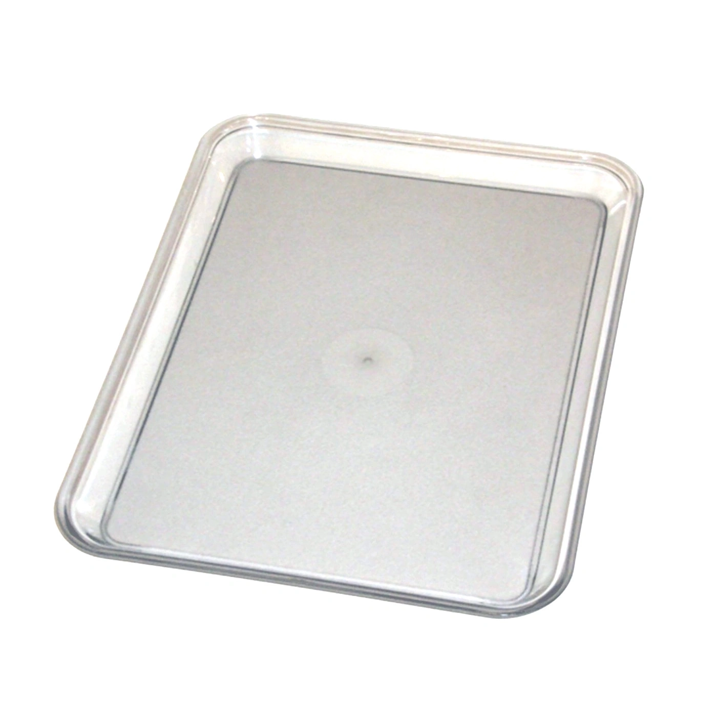 Transparent rectangular tray with rounded corners on a white background