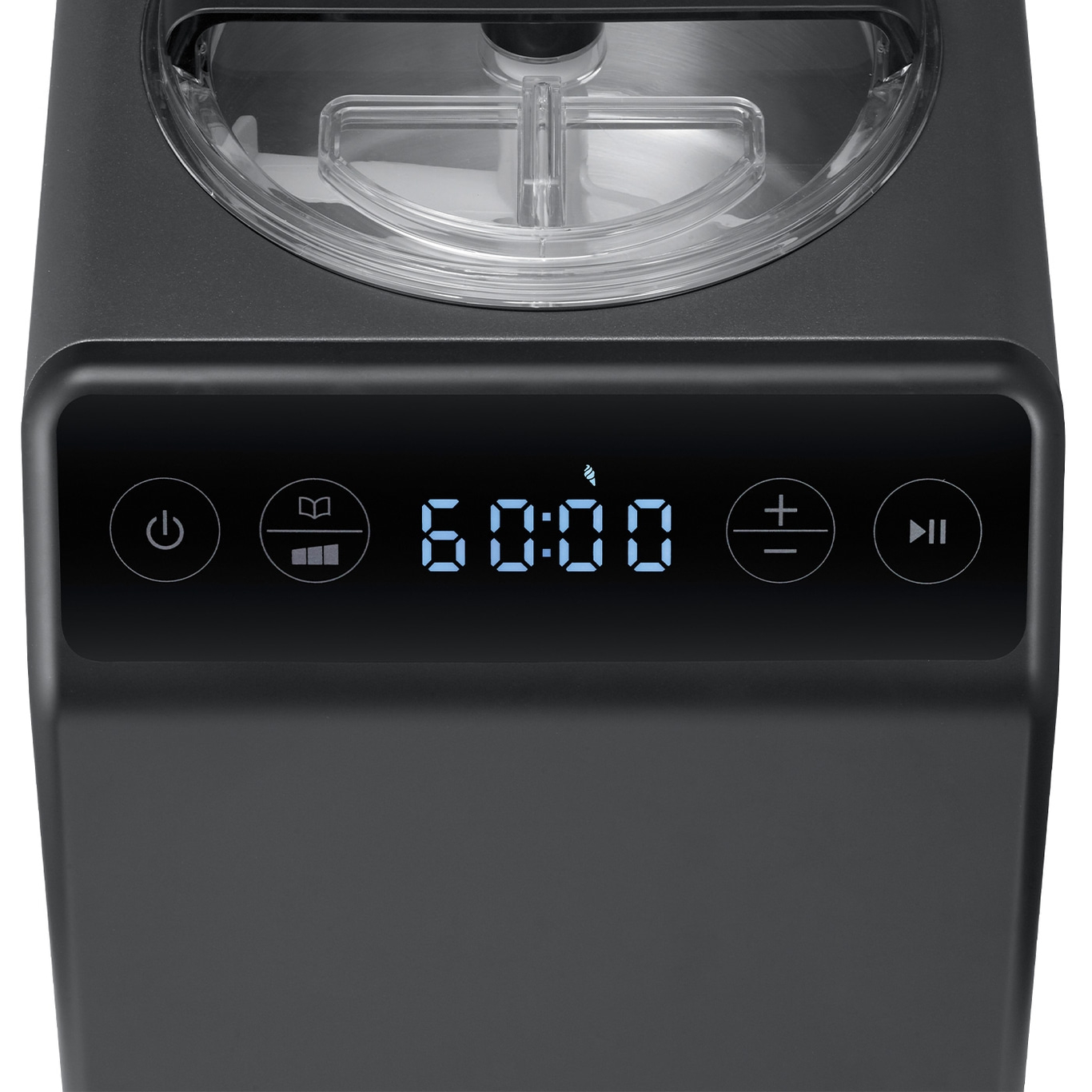 Eiscreme-Maschine mit digitaler Anzeige, Tasten und Zeitangabe 60:00 Minuten.