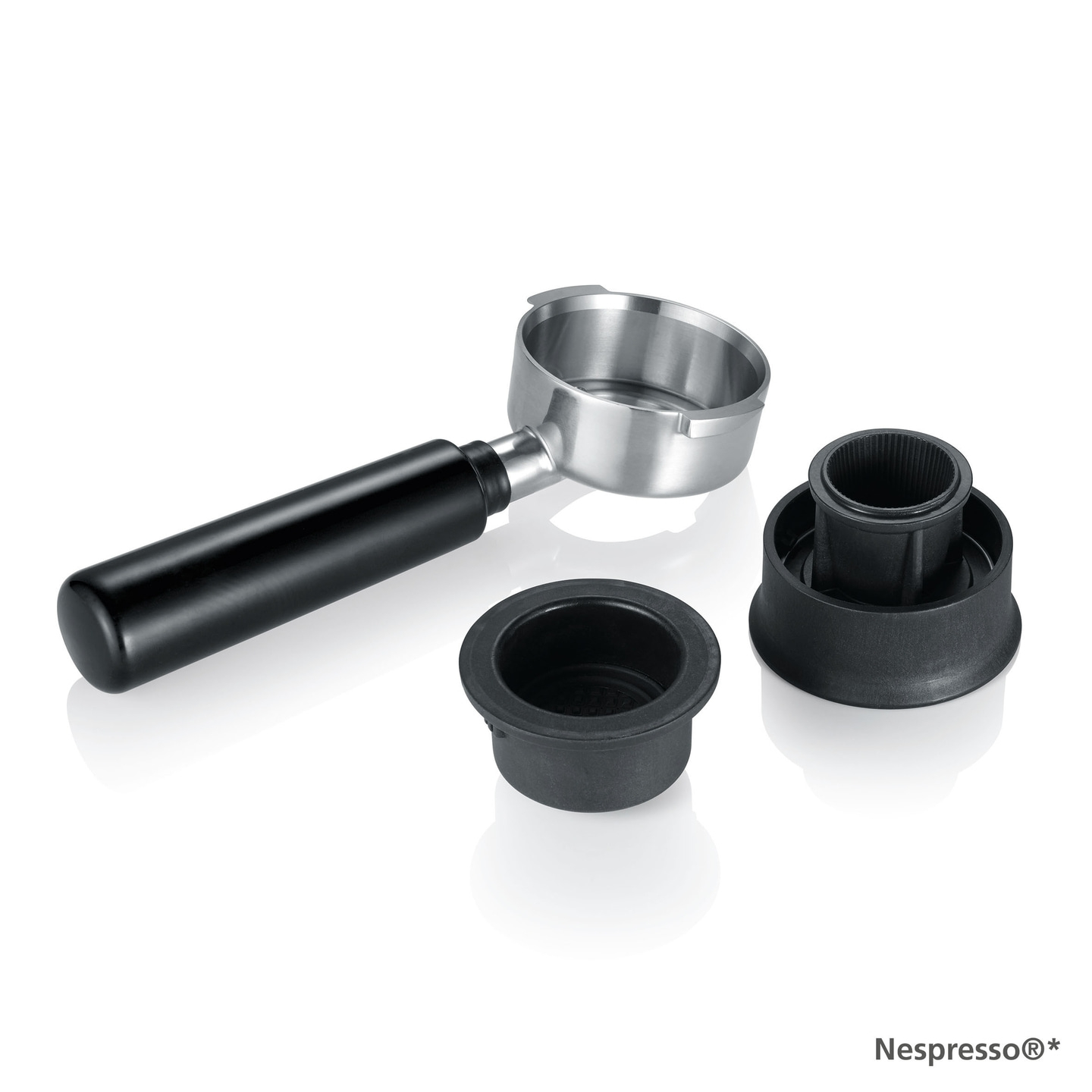 Espressomaschine Zubehör: Siebträger, zwei Einsätze, schwarz und silber