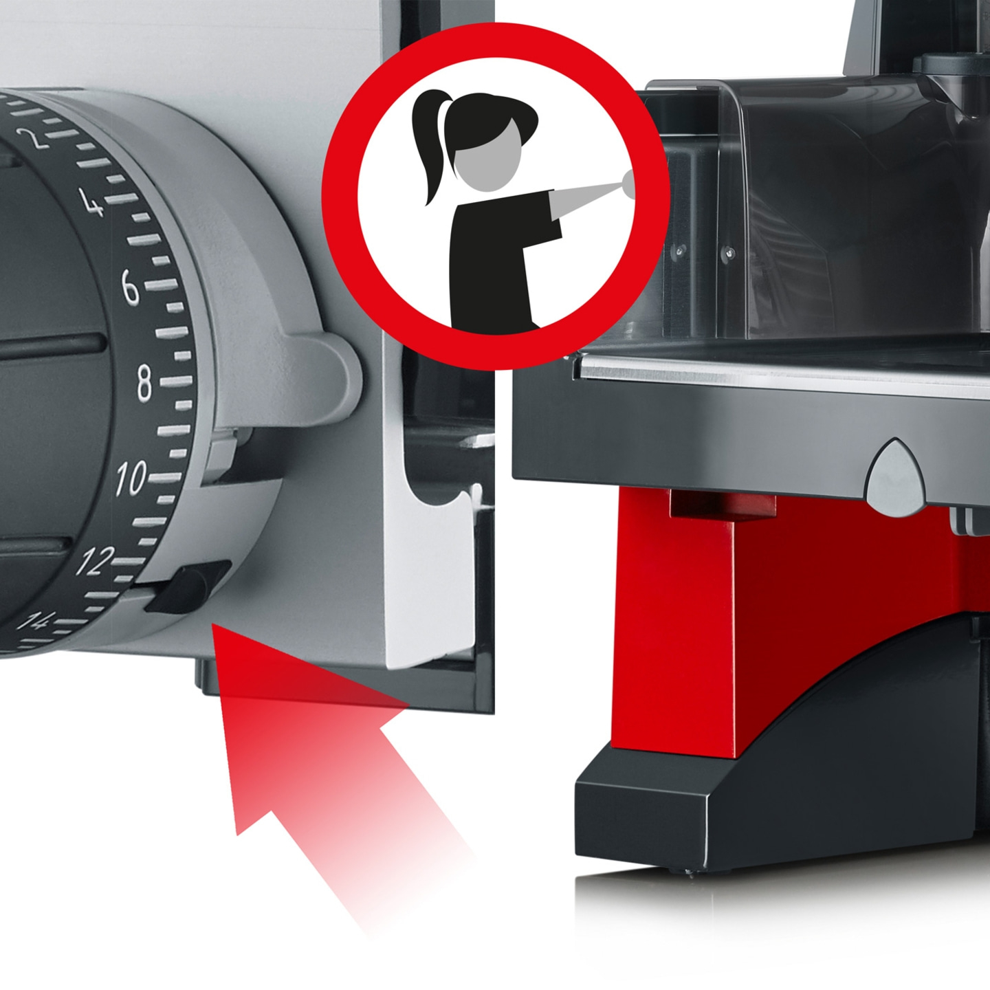 Meat slicer with red arrow and warning sign, woman, keep your fingers away!