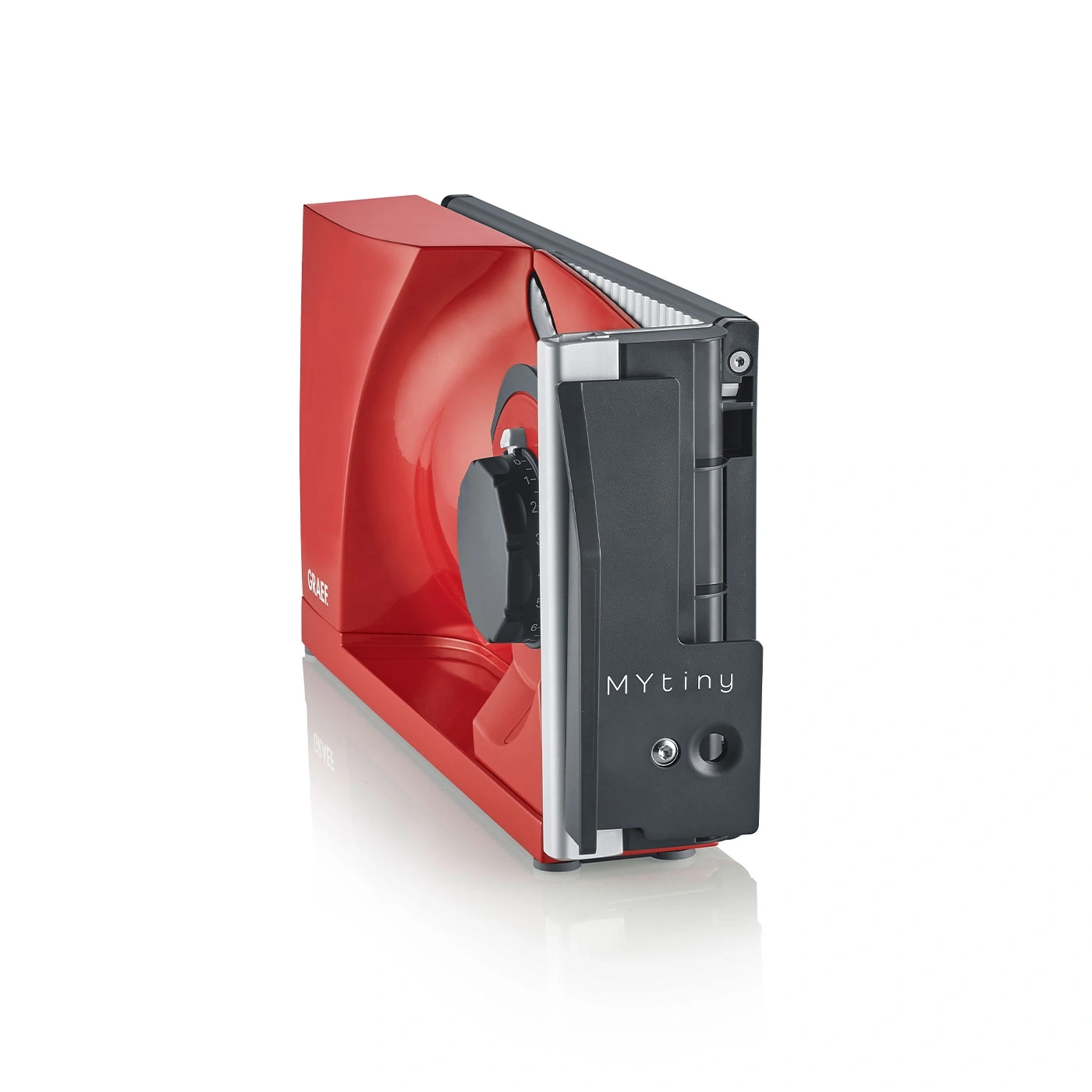 Red kitchen appliance with black control panel and MYtiny lettering.