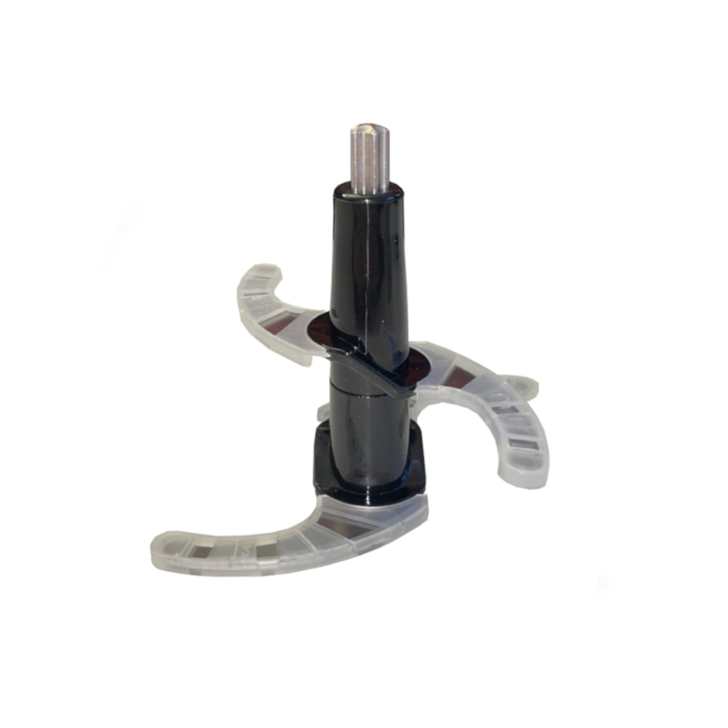 Schwarzes Küchengerät mit transparenten Klingen auf weißem Hintergrund.