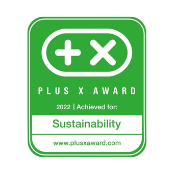Plus X Award 2022 for Sustainability, green logo with text and symbols