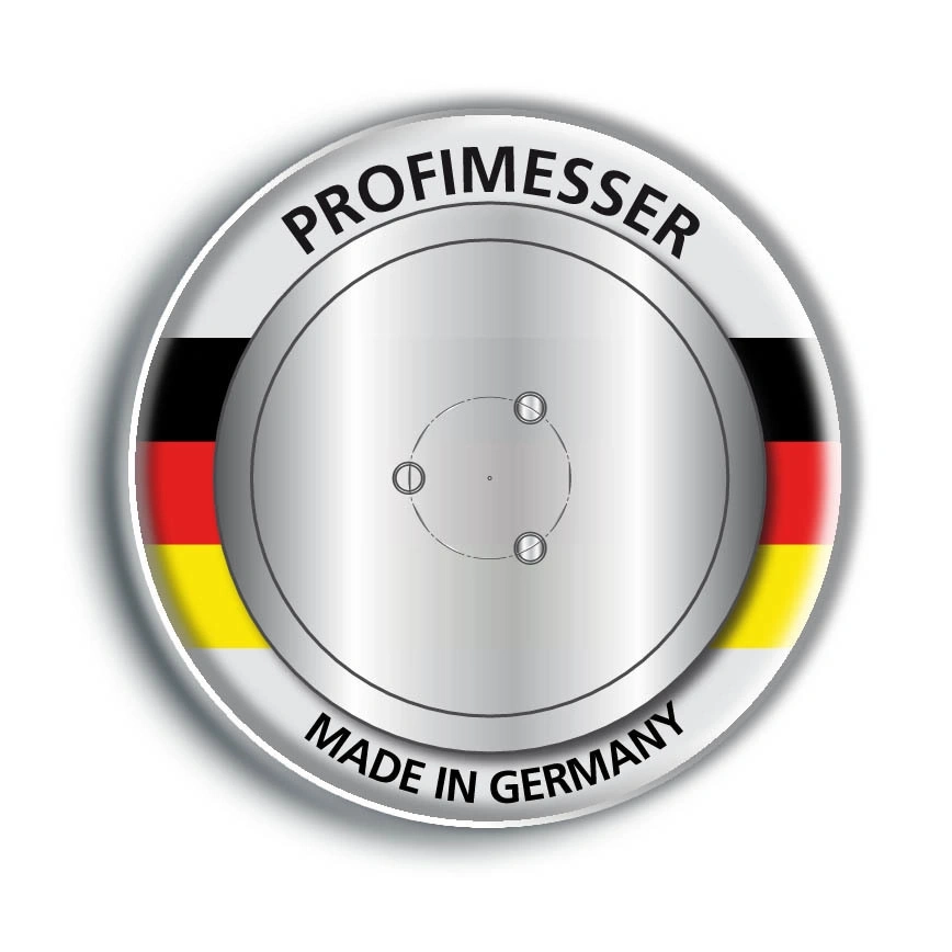 Rundes Logo mit deutschem Flaggen-Design und Aufschrift 'PROFIMESSER' und 'MADE IN GERMANY'.