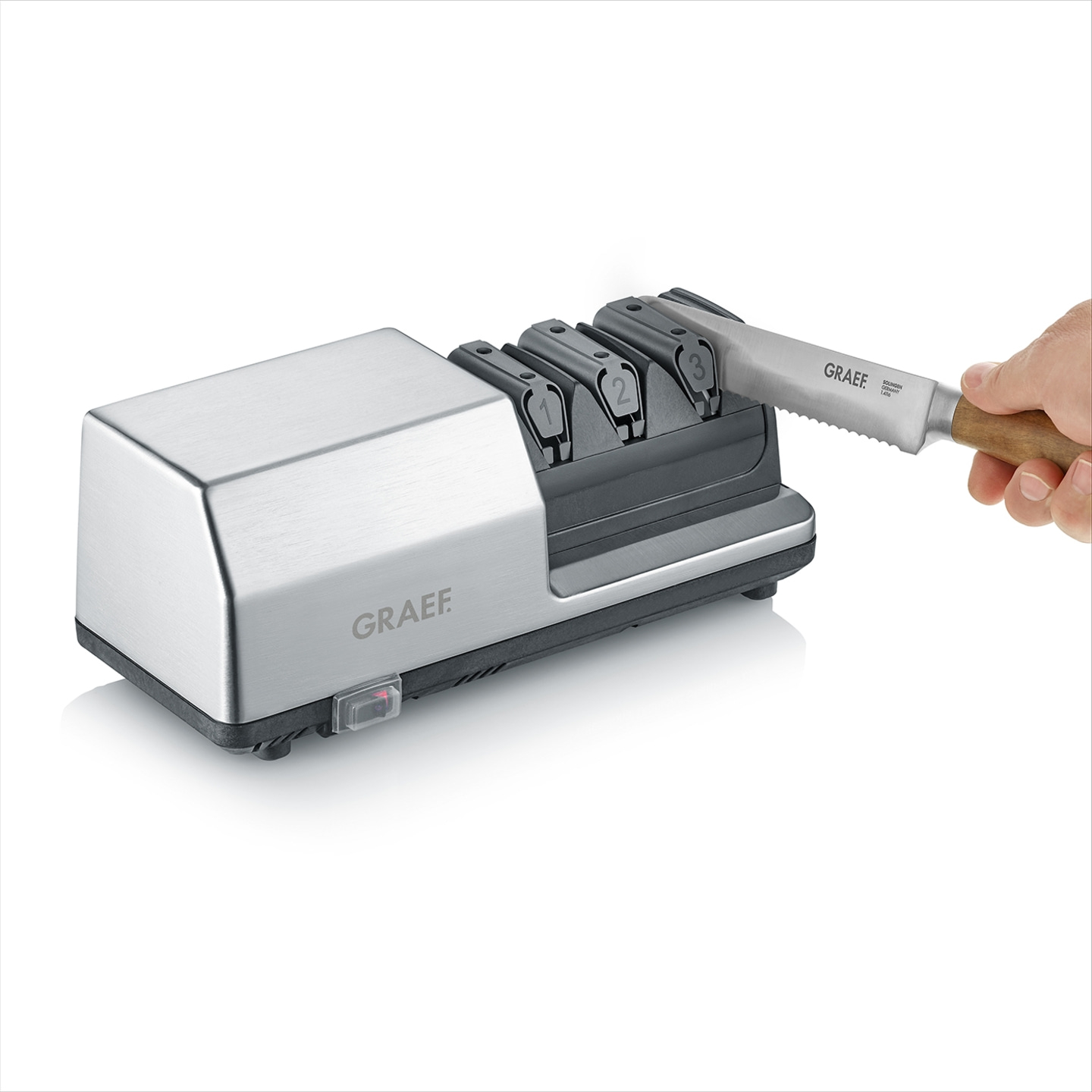 Messer-Schärfer mit Messer, GRAEF-Marke, silberfarben, zum Schärfen von Messern