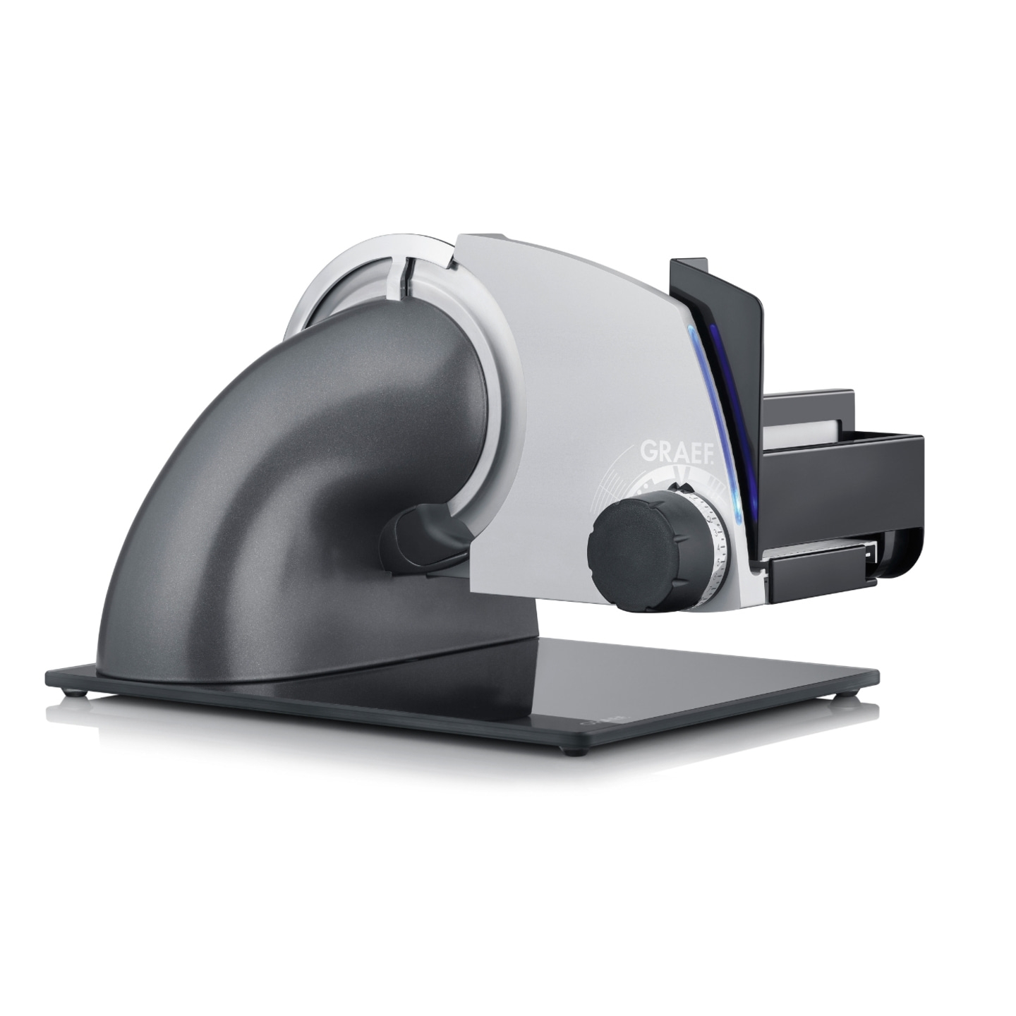 Graef Allesschneider, grau, silber, schwarz, Glasplatte, Drehknopf, Messer, Küche, Gerät
