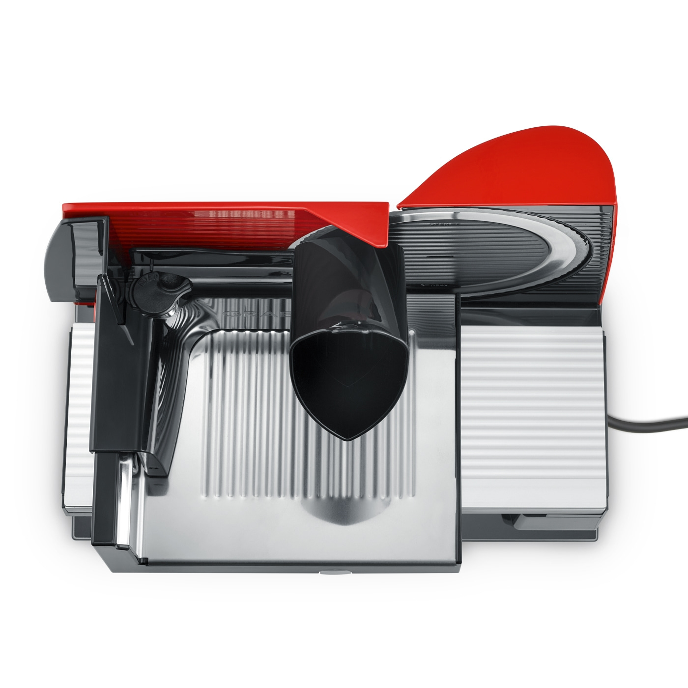 Rote und silberne elektrische Aufschnittmaschine, Draufsicht, isoliert auf Weiß