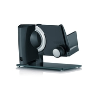 Black slicer with silver details and glass plate. Features the Graef logo.
