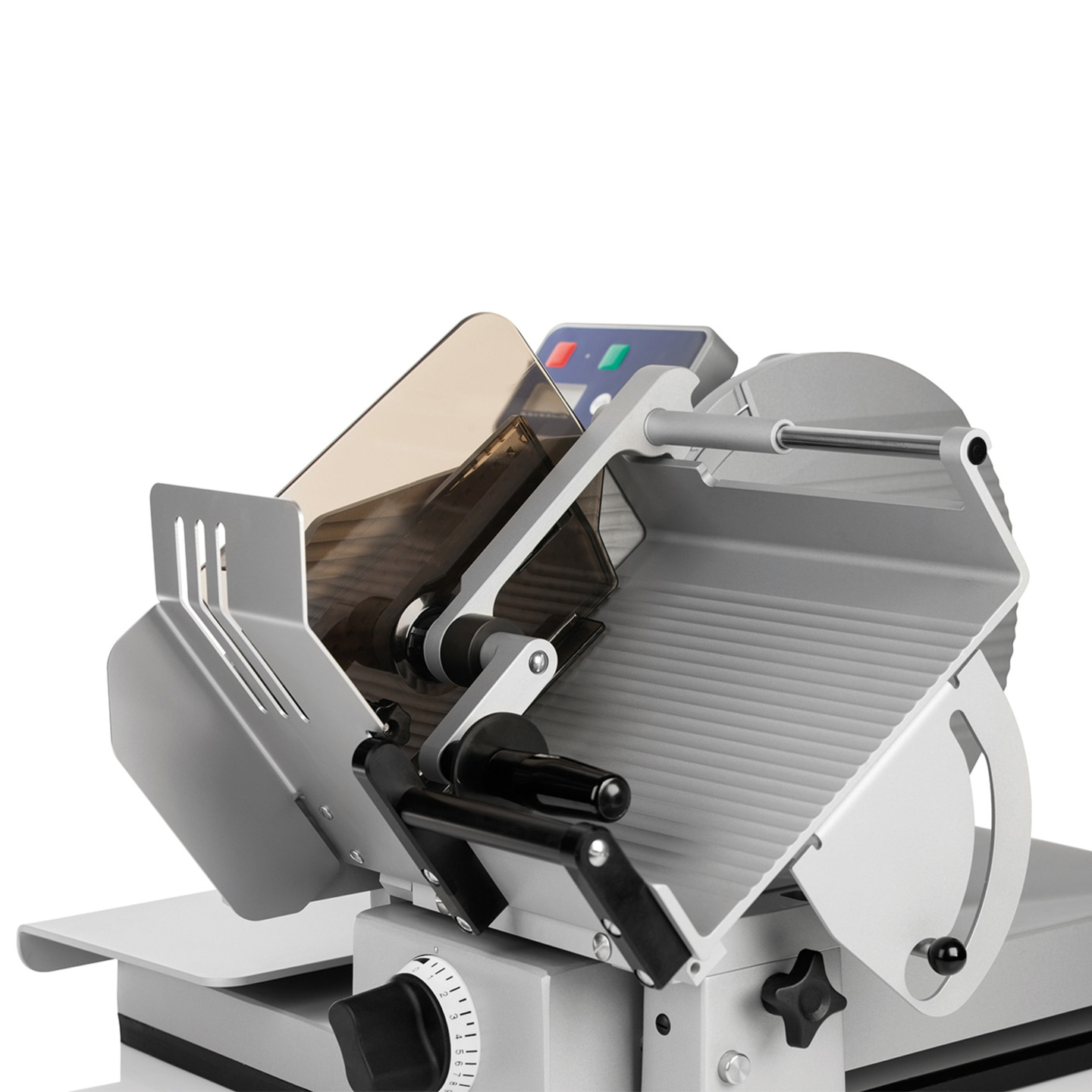 Fleischschneidemaschine, professionelles Küchengerät, silberfarben, Detailaufnahme, Nahaufnahme