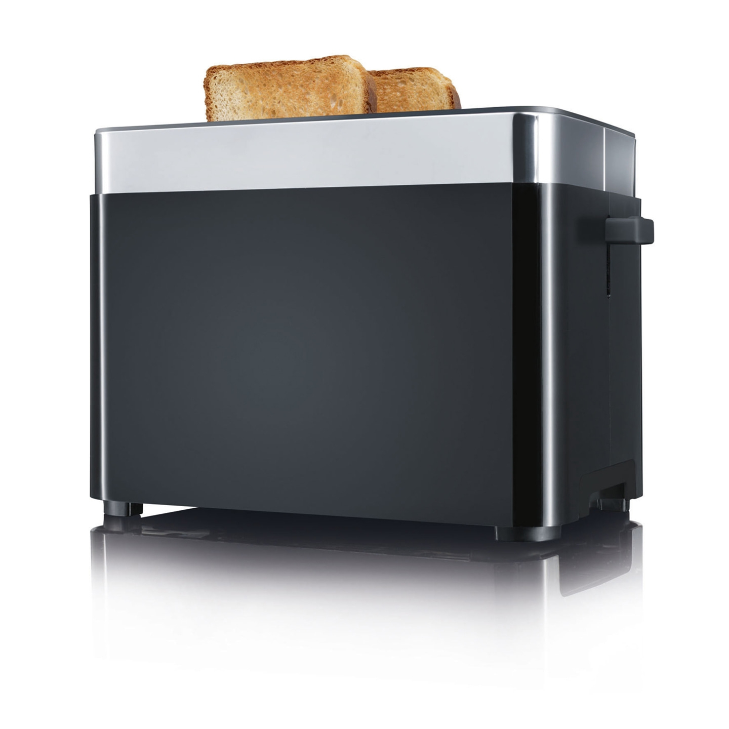 Schwarzer Toaster mit zwei Toastscheiben, die aus dem Toaster herausragen.