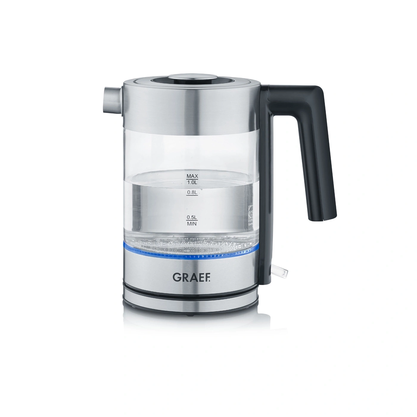 Glass and stainless steel electric kettle with handle and GRAEF logo
