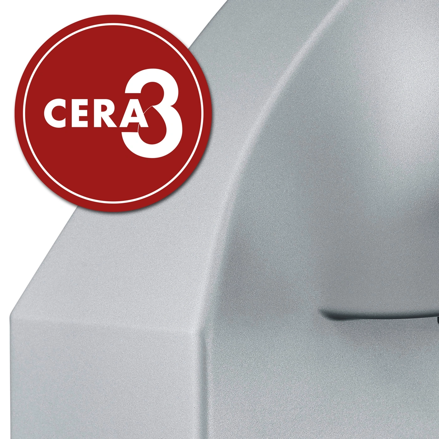 Roter Kreis mit weißem Text CERA 3 auf grauem Hintergrund