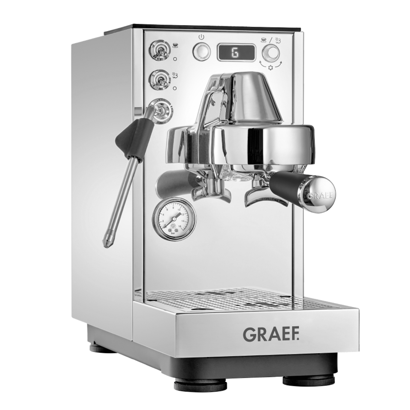 Eine glänzende Chrom-Espressomaschine mit schwarzem Griff und Manometer.
