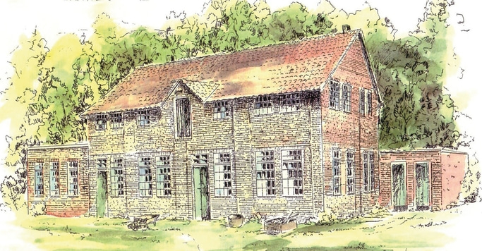 Gezeichnetes Haus mit Ziegeln, Bäumen und Gras. Ein altes Gebäude.