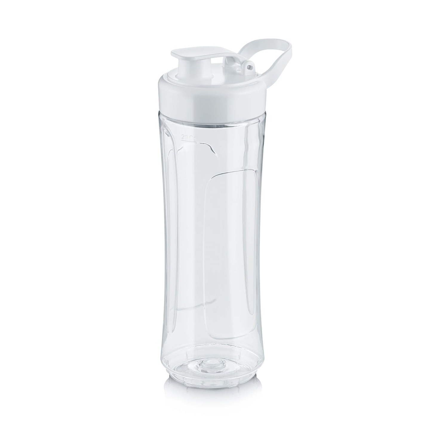 Transparente Trinkflasche mit weißem Deckel und Griff, isoliert auf weißem Hintergrund