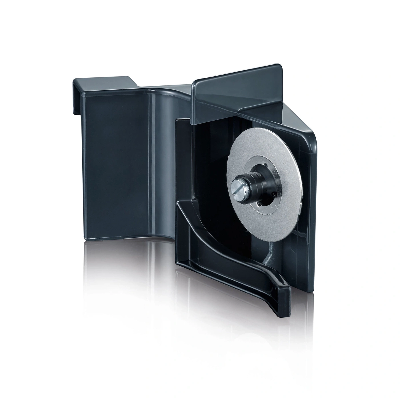 Dark gray plastic with a round blade and a screw mechanism for cutting.