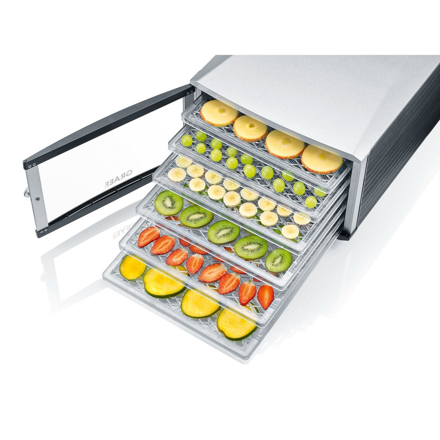Food dehydrator with fruits and vegetables on the trays, silver color