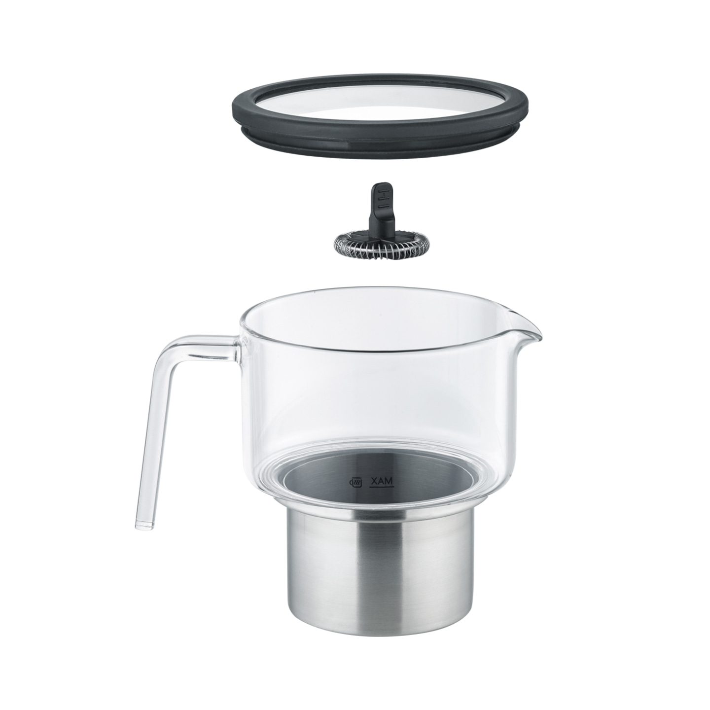 Glasbehälter mit Deckel und Quirl, isoliert auf weißem Hintergrund