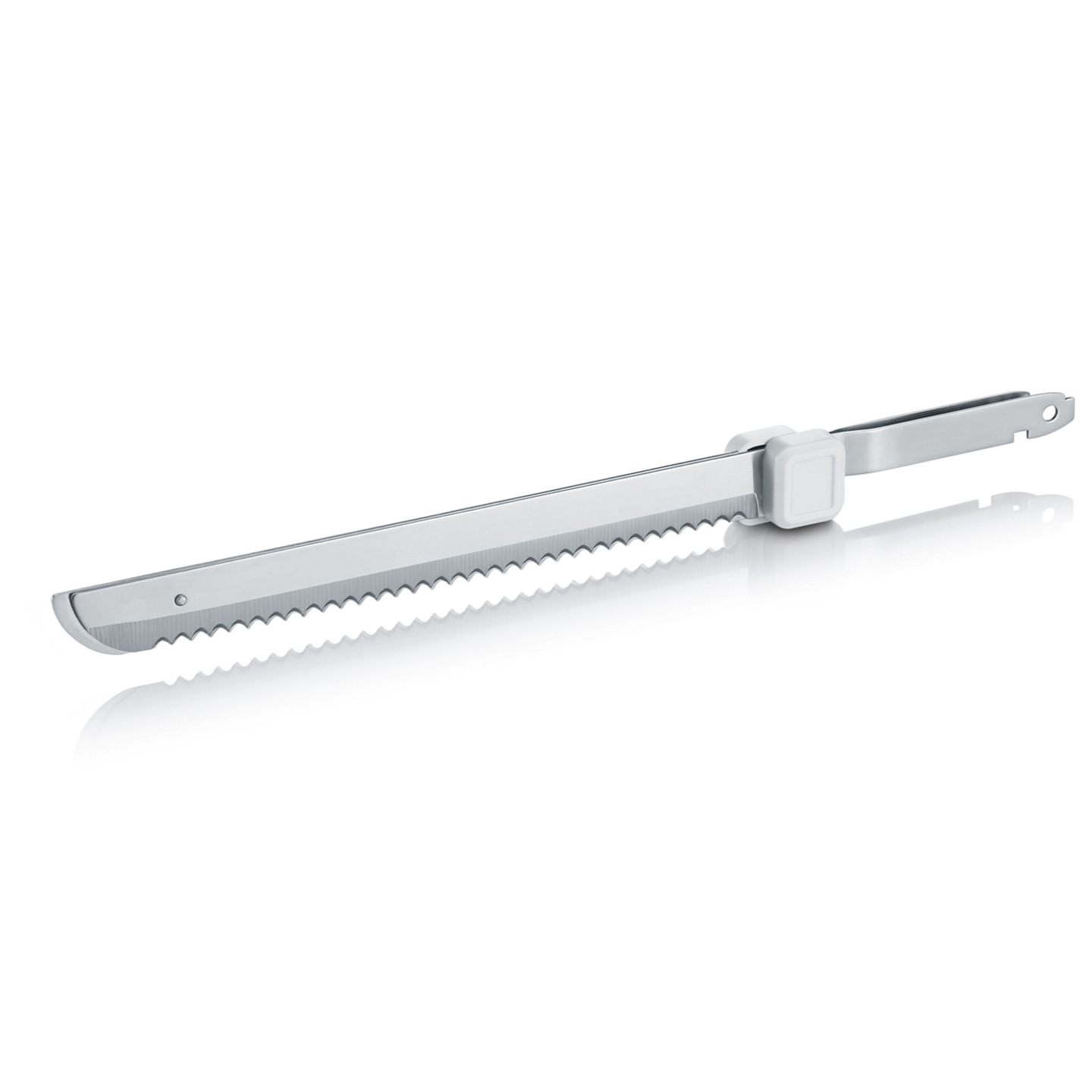 Elektrisches Brotmesser, silberfarben, isoliert auf weißem Hintergrund, Nahaufnahme